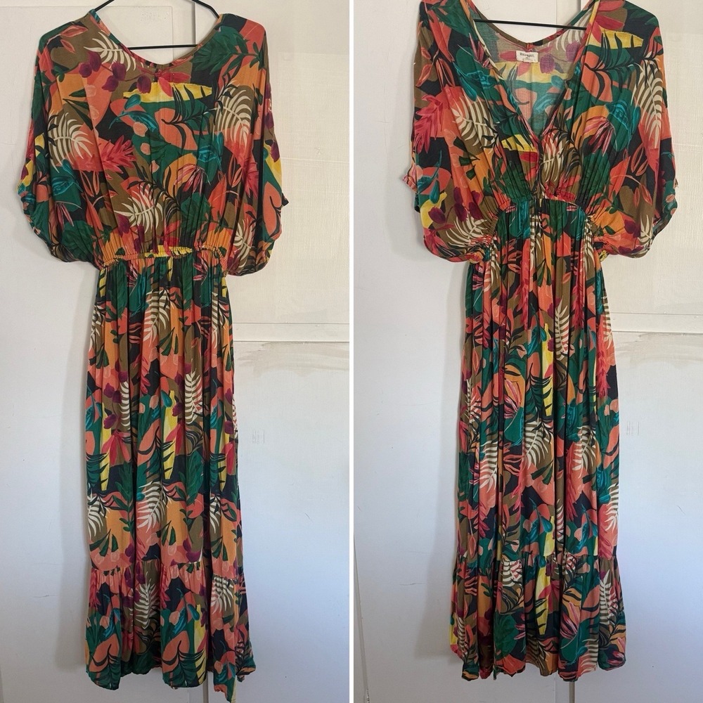 World Market Kaftan Dress S/M Maxi Tropical Jungle Island Kimono Festival Vacati